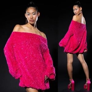 Akira Gemma - OFF THE SHOULDER VOLUMINOUS SEQUIN MINI DRESS IN PINK